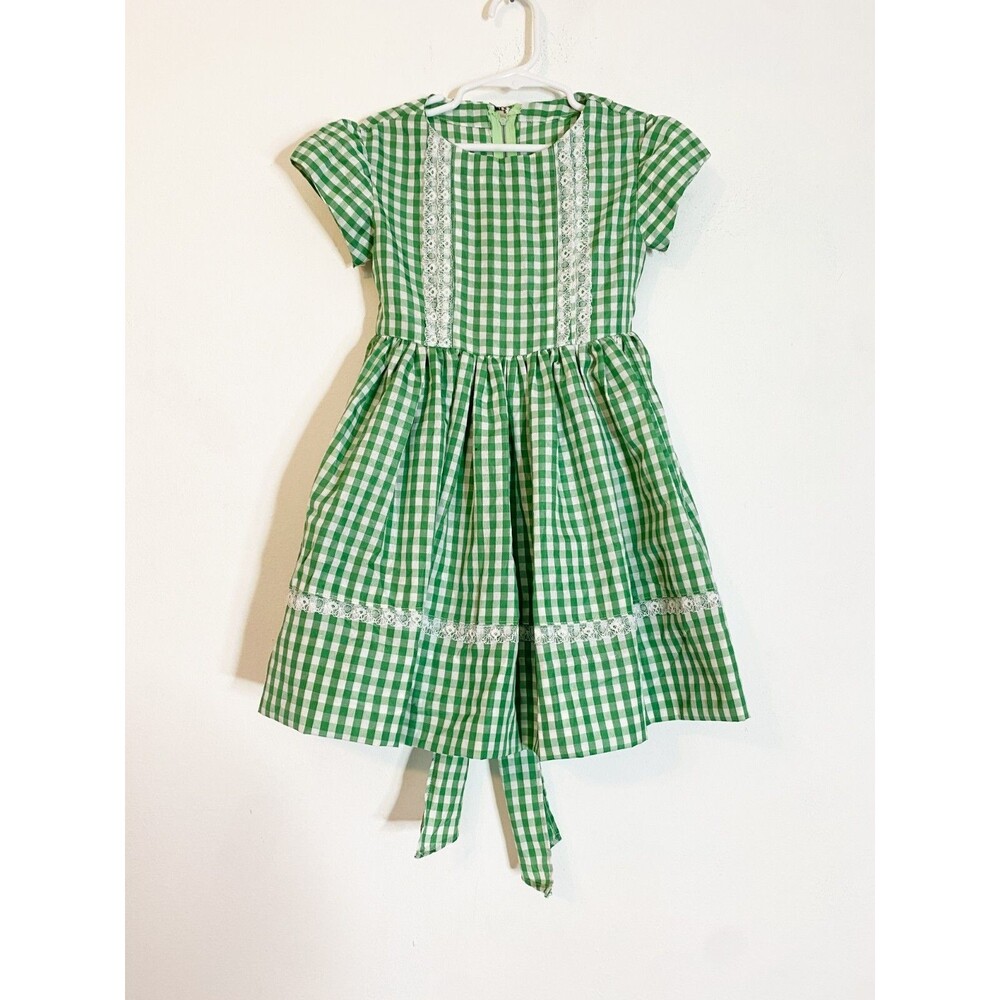 Handmade Green Gingham Lace Accent Full Dress with Tie Cottagecore